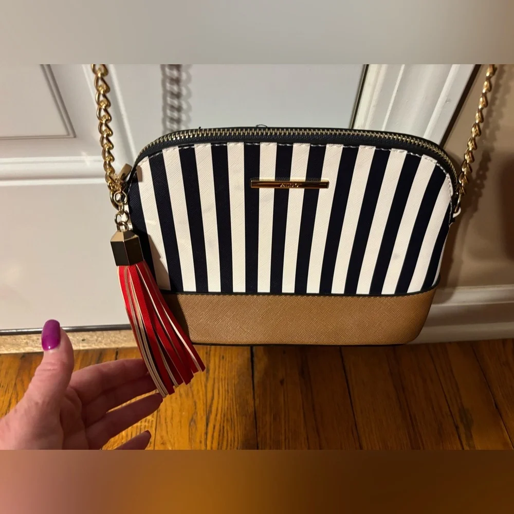 Aldo Navy and White Striped Crossbody Bag with Brown and Red Accents NWOT - Picture 5 of 13